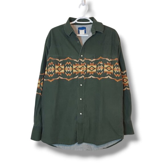 Vintage 90s Wrangler Aztec Pearl Snap Button Up Shirt Green Size L - Picture 1 of 6
